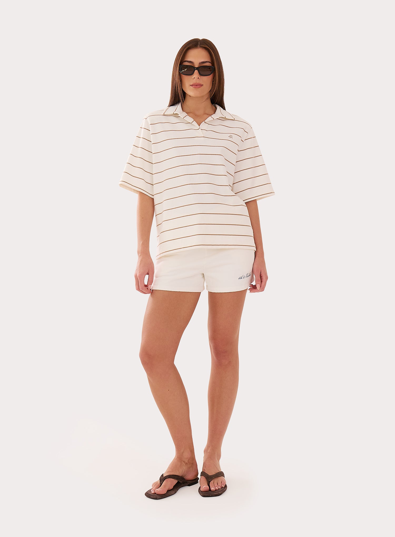 Cream And Beige Stripe Shoulder Pad Polo Top